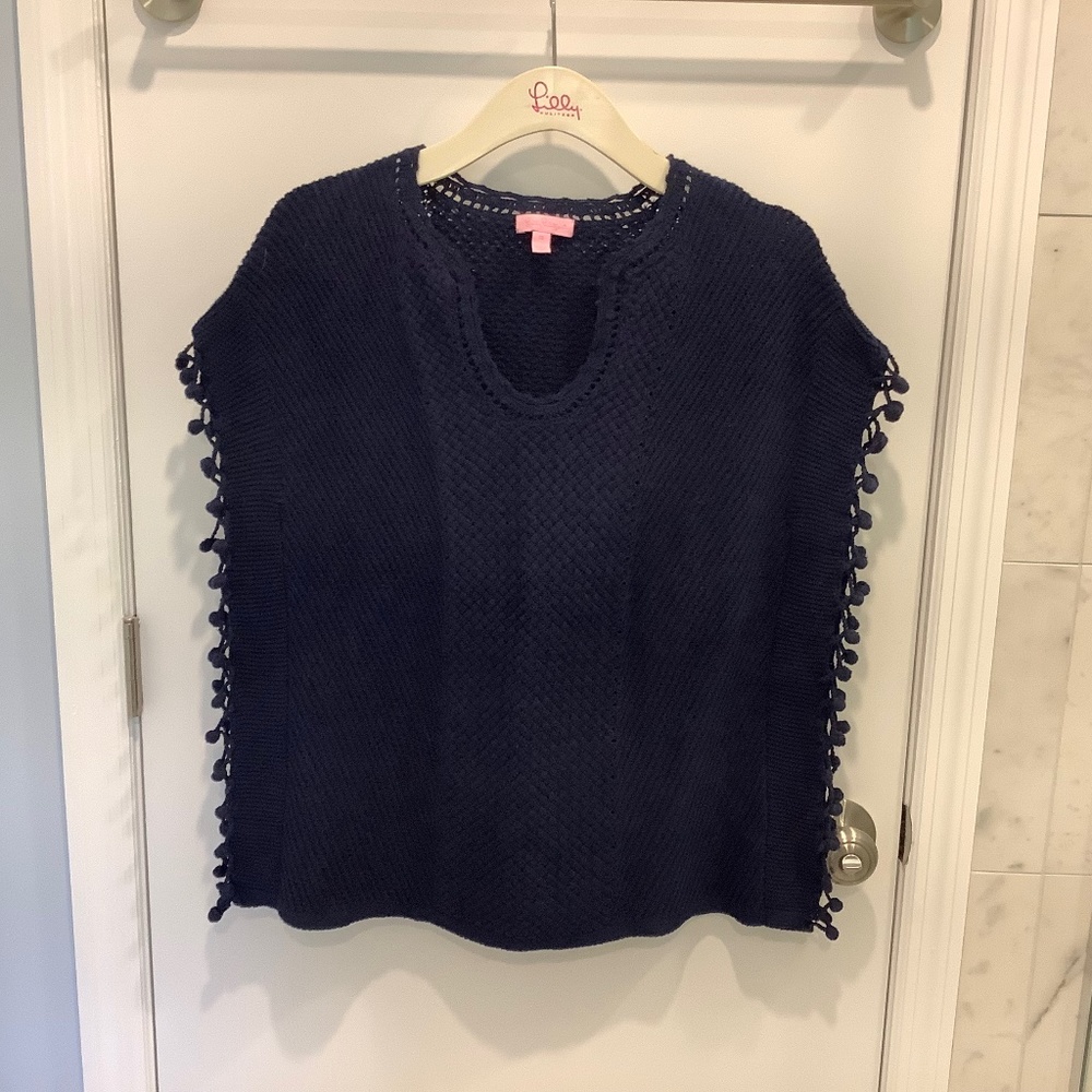 LILLY Pulitzer Keating navy blue pom Pom sweater caftan poncho XS